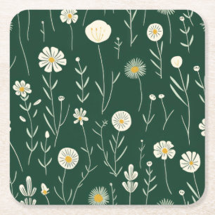 Posavasos Cuadrado De Papel Elegante patrón de flores silvestres sobre verde o
