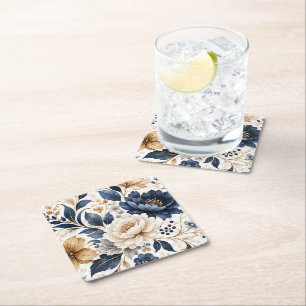 Posavasos Cuadrado De Papel Elegante patrón floral en azul marino y crema