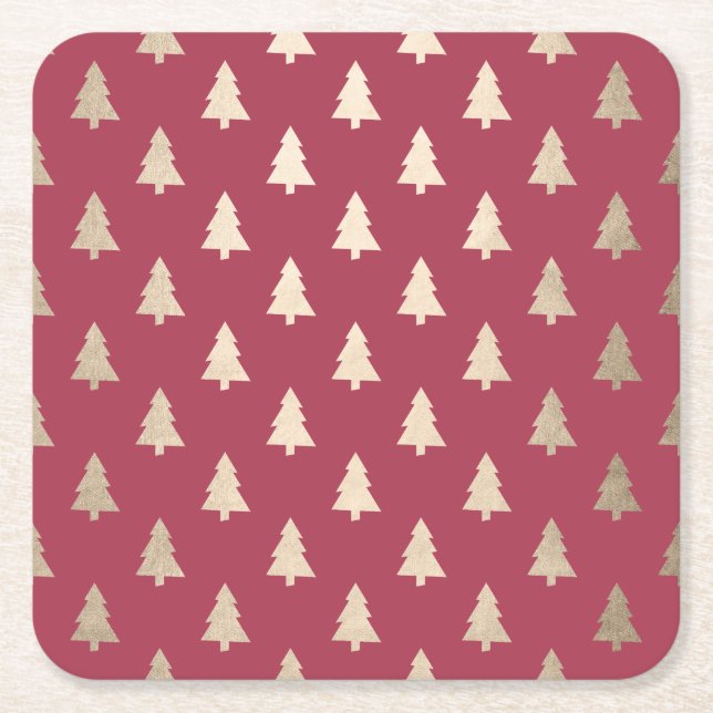 Posavasos Cuadrado De Papel Elegante patrón moderno de oro y árbol de Navidad  (Anverso)