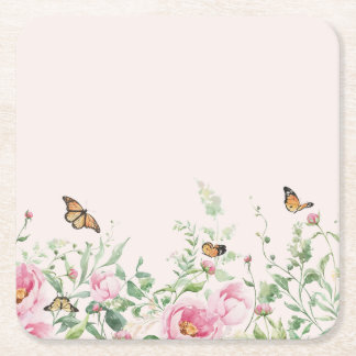 Posavasos Cuadrado De Papel Elegante Peonía en Acuarela y Pape Floral de Marip