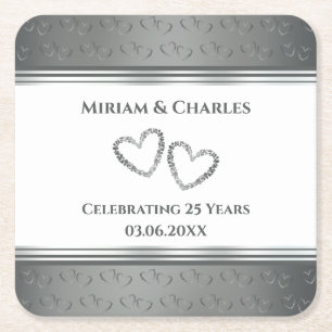 Posavasos Cuadrado De Papel Elegante Personalizado moderno Plata 25 Aniversari