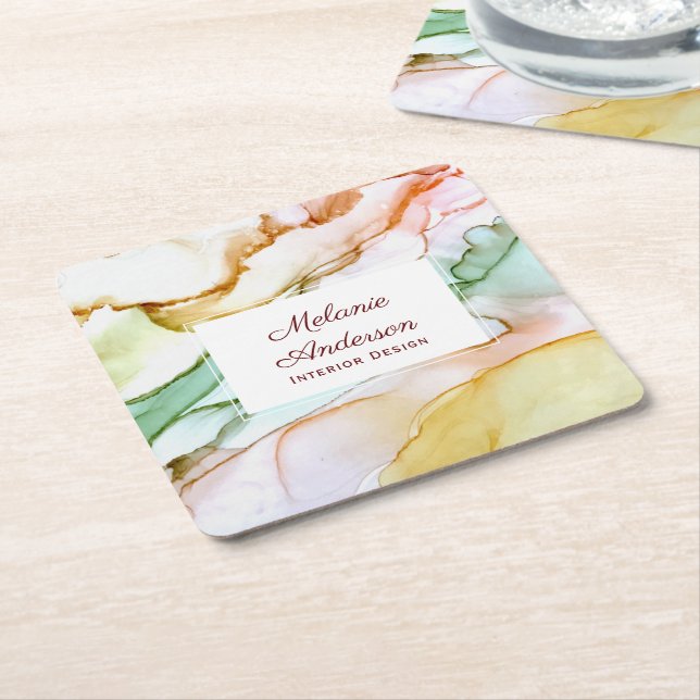 Posavasos Cuadrado De Papel Elegante Personalizado Pastel Verde Crema Rosa de  (En perspectiva)