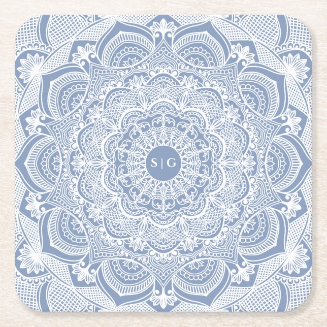 Posavasos Cuadrado De Papel Elegante polvoriento azul encaje mandala clásico (Anverso)