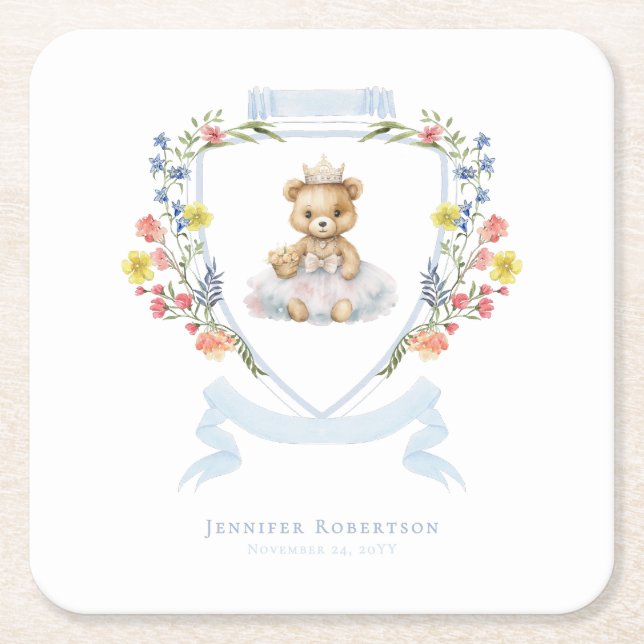 Posavasos Cuadrado De Papel Elegante Princesa Bear Real Baby Shower (Anverso)