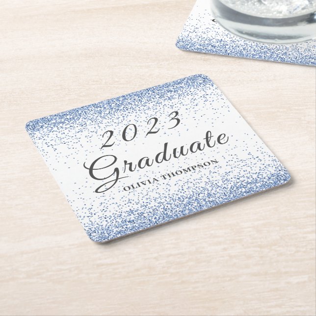 Posavasos Cuadrado De Papel Elegante Purpurina azul de graduación 2023 (En perspectiva)