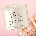 Posavasos Cuadrado De Papel Elegante Purpurina de Oro 75ª fiesta de cumpleaños<br><div class="desc">personalizados de moda para su fiesta de cumpleaños número 75 con "75 & Fabulous" en un elegante guión de caligrafía,  un fondo de Relieve metalizado falso dorado y un purpurina de imitación de oro goteando.</div>