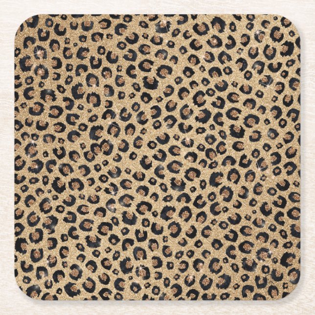 Posavasos Cuadrado De Papel Elegante Purpurina dorado Leopardo negro (Anverso)
