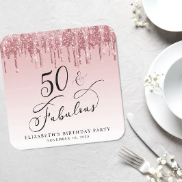 Posavasos Cuadrado De Papel Elegante Purpurina Rosa Oro 50 cumpleaños