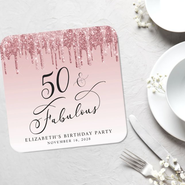 Posavasos Cuadrado De Papel Elegante Purpurina Rosa Oro 50 cumpleaños (Subido por el creador)