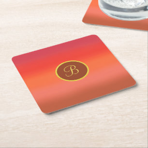 Posavasos Cuadrado De Papel Elegante rojo cálido ombre rayado monograma chic