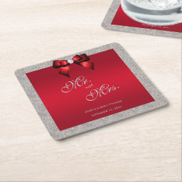 Posavasos Cuadrado De Papel Elegante rojo rubí, Boda Purpurina plateado