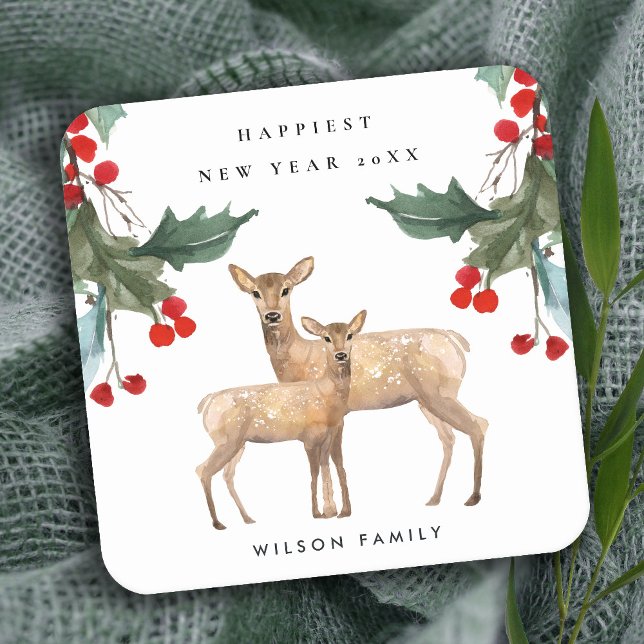 POSAVASOS CUADRADO DE PAPEL ELEGANTE ROJO VERDE HOLLY BERRY DEER DUO AÑO NUEVO (Subido por el creador)