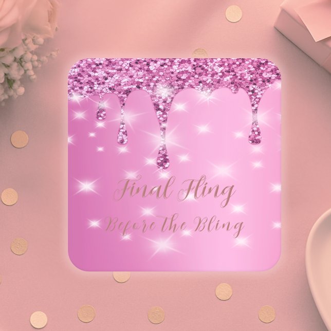 Posavasos Cuadrado De Papel Elegante Rosa Brillante con Drip de Purpurina para (Hot pink coasters for bachelorette parties, bridal gifts, or luxe drink station styling.)