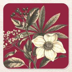 Posavasos Cuadrado De Papel Elegante Rosa de Navidades botánicos beige