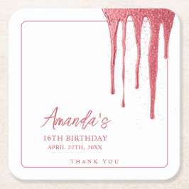 Posavasos Cuadrado De Papel Elegante Rosa de oro Purpurina Drip Sweet 16 Cumpl