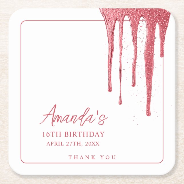 Posavasos Cuadrado De Papel Elegante Rosa de oro Purpurina Drip Sweet 16 Cumpl (Anverso)