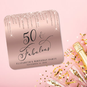 Posavasos Cuadrado De Papel Elegante Rosa Purpurina de Oro 50 cumpleaños