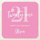 Posavasos Cuadrado De Papel Elegante rosado moderno cumpleaños 21<br><div class="desc">Una sencilla y moderna tarta de fiesta de 21 años con una tipografía caligráfica elegante y un diseño minimalista de color rosa y blanco.</div>