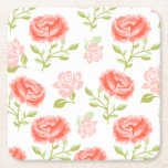 Posavasos Cuadrado De Papel Elegante Roses Rosa<br><div class="desc">Bonito gráfica brillante,  rosas rosas rosadas estampadas y hojas verde pastel sobre un fondo blanco.</div>