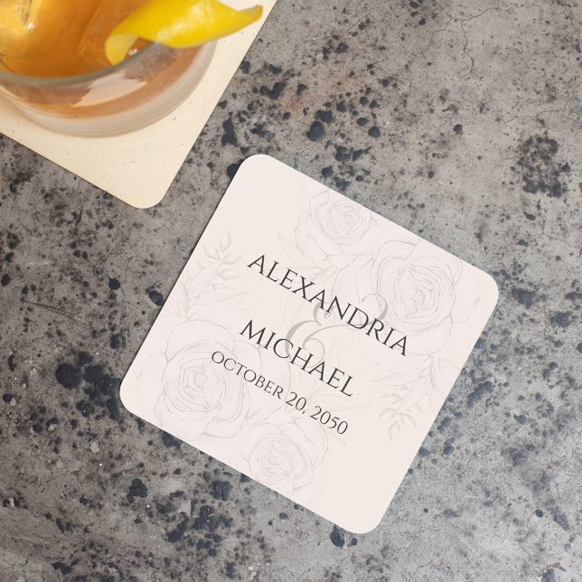 Posavasos Cuadrado De Papel Elegante Rubor Floral Calligraphy Script Ampersand (Elegant blush floral wedding paper coaster. With calligraphy ampersand)