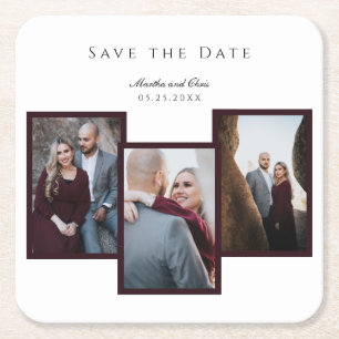 Posavasos Cuadrado De Papel Elegante Save the Date 3 Collage de fotos Moda Roj