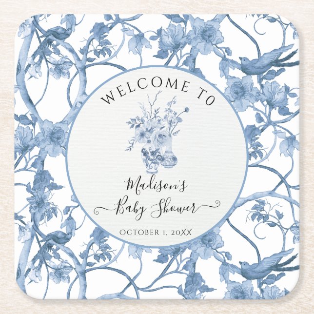 Posavasos Cuadrado De Papel Elegante toile Floral Azul y Baby Shower Blanco (Anverso)