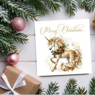 Posavasos Cuadrado De Papel Elegante Unicornio de Navidad Blanco y Dorado