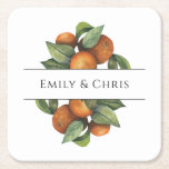 Posavasos Cuadrado De Papel Elegante vegetación de cítricos botánicos<br><div class="desc">Bonito, elegante, moderno y bohemio personalizado y estufa de papel cuadrado de boda para su ocasión especial! El diseño coincide con el resto de la colección de follaje de hoja Naranja. Naranja acuarela con hojas de color verde oscuro y claro borde lateral de hoja de follaje encuadra la parte superior...</div>