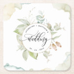 Posavasos Cuadrado De Papel Elegante vegetación y manchas acuáticas, Boda<br><div class="desc">Añada otro toque especial a su decoración de mesa boda con esta hermosa montaña de papel boda. La posibilidad de elegir entre una variedad de formas, con o sin manchas acuáticas. Diseño con delicadas manchas acuáticas en los bordes y atractivo logo de estilo moderno con nombres de parejas, detalles de...</div>