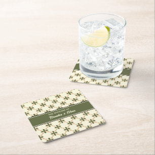 Posavasos Cuadrado De Papel Elegante Verde Salvia y Floral Geométrico Beige