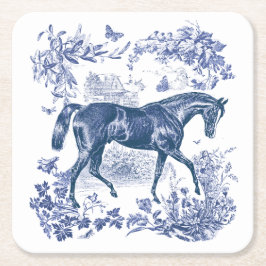 Posavasos Cuadrado De Papel Elegante Vintage Rústico Blue Horse Floral Toile