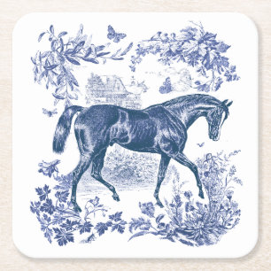 Posavasos Cuadrado De Papel Elegante Vintage Rústico Blue Horse Floral Toile