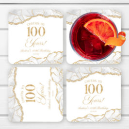 Posavasos Cuadrado De Papel Elegante White Gold Agate 100 cumpleaños