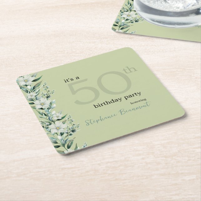 Posavasos Cuadrado De Papel Elegante Wildflower Pink Sorpresa 50 cumpleaños (En perspectiva)