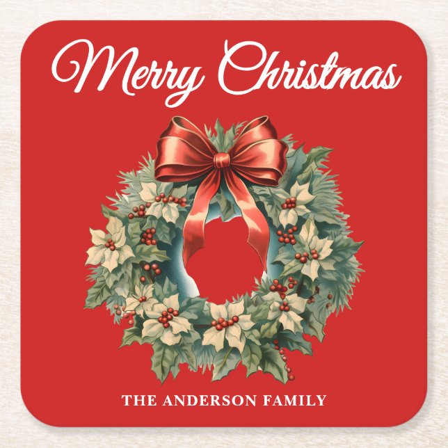 Posavasos Cuadrado De Papel Elegante Wreath Navidades de acuarela (Anverso)