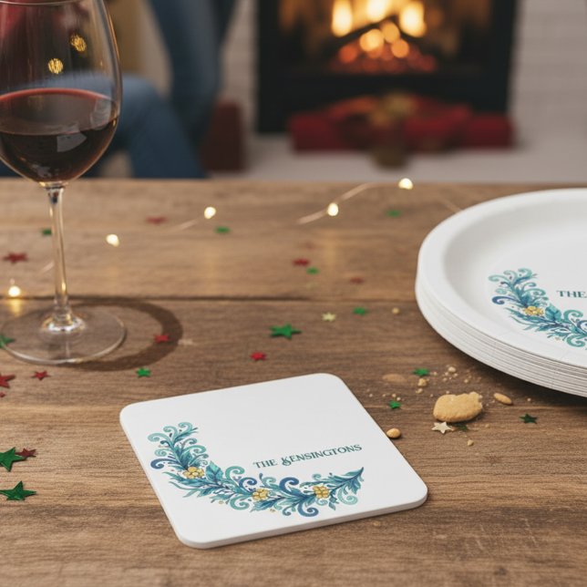 Posavasos Cuadrado De Papel Elegante Wreath Swag (Personalized Holiday Christmas Swag Paper Drink Coaster)