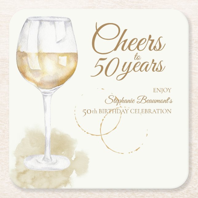 Posavasos Cuadrado De Papel Elegante y moderno Saludo Vino Blanco 50 cumpleaño (Anverso)