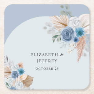 Posavasos Cuadrado De Papel Elegante y rústico Boho Dusty Blue Pampas Boda
