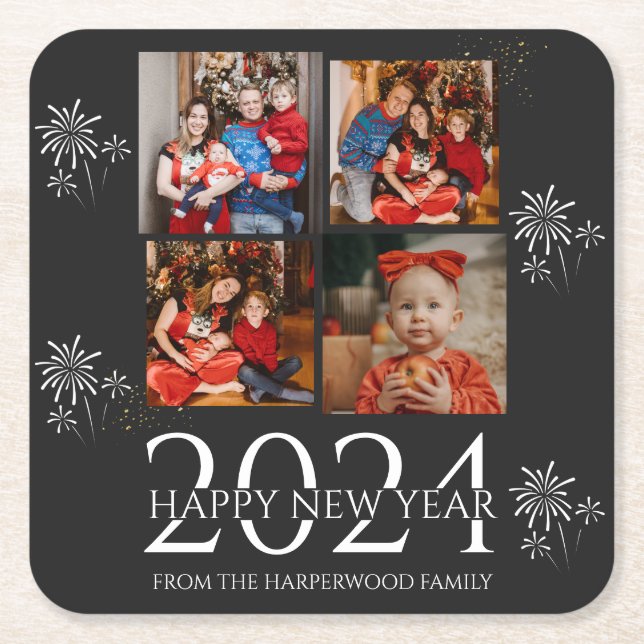 Posavasos Cuadrado De Papel Elegante y simple foto de Año Nuevo Feliz Año Nuev (Anverso)