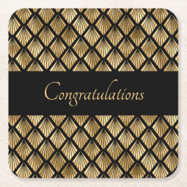 Posavasos Cuadrado De Papel Elegantes abanicos geométricos Art Deco en oro y n