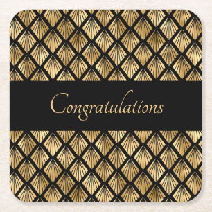 Posavasos Cuadrado De Papel Elegantes abanicos geométricos Art Deco en oro y n
