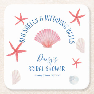 Posavasos Cuadrado De Papel Elegantes conchas marinas y campanas de boda Despe