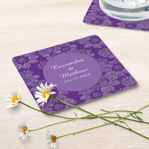 Posavasos Cuadrado De Papel Elegantes Daisies en Floral Royal Purple Boda