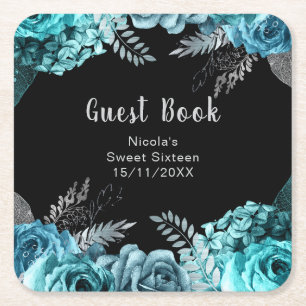 Posavasos Cuadrado De Papel Elegantes flores azul turquesa y plata Sweet Sixte