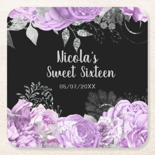 Posavasos Cuadrado De Papel Elegantes flores de lila y plata Sweet Sixteen