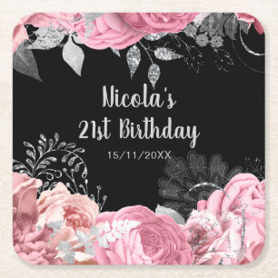 Posavasos Cuadrado De Papel Elegantes flores rosadas y plateadas para fiesta d