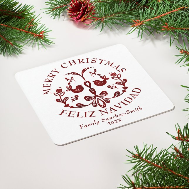 Posavasos Cuadrado De Papel Elegantes Navidades bilingües de Borgoña (Bilingual Christmas Coaster, custamizable text, Spanish, family name, multilingual project)