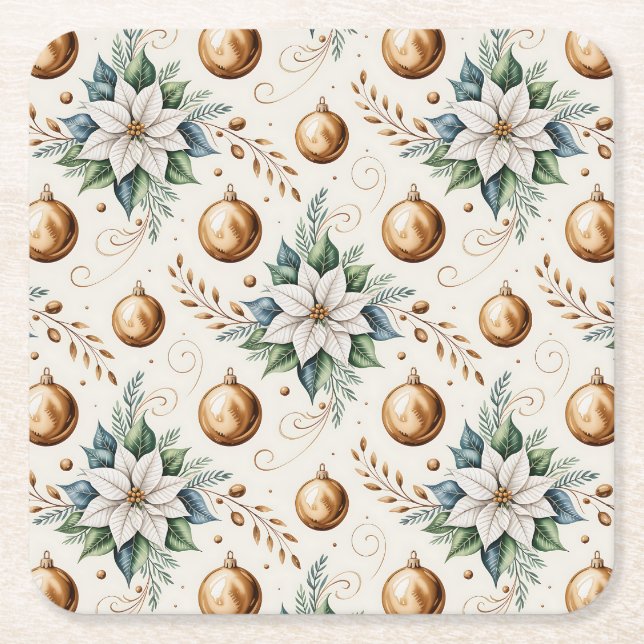 Posavasos Cuadrado De Papel Elegantes Navidades blancos de oro verde Poinsetti (Anverso)