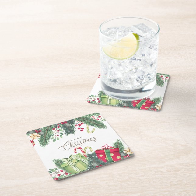 Posavasos Cuadrado De Papel Elegantes Navidades de decoración festiva de acuar (In situ)