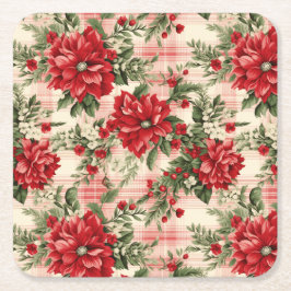 Posavasos Cuadrado De Papel Elegantes Navidades rojos Poinsettia